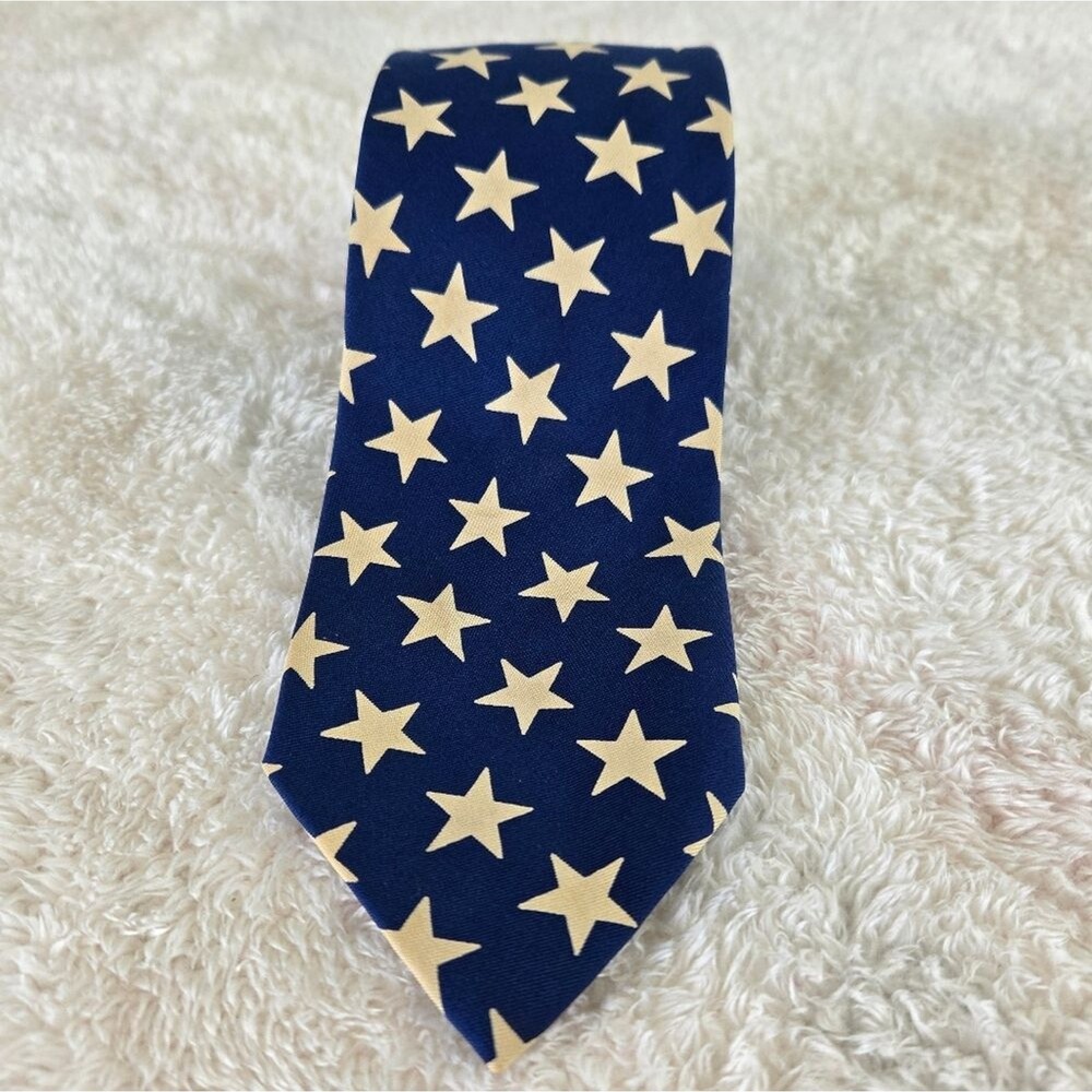 Vintage Polo Ralph Lauren Blue and White Star (American Flag) Pattern Men's Tie